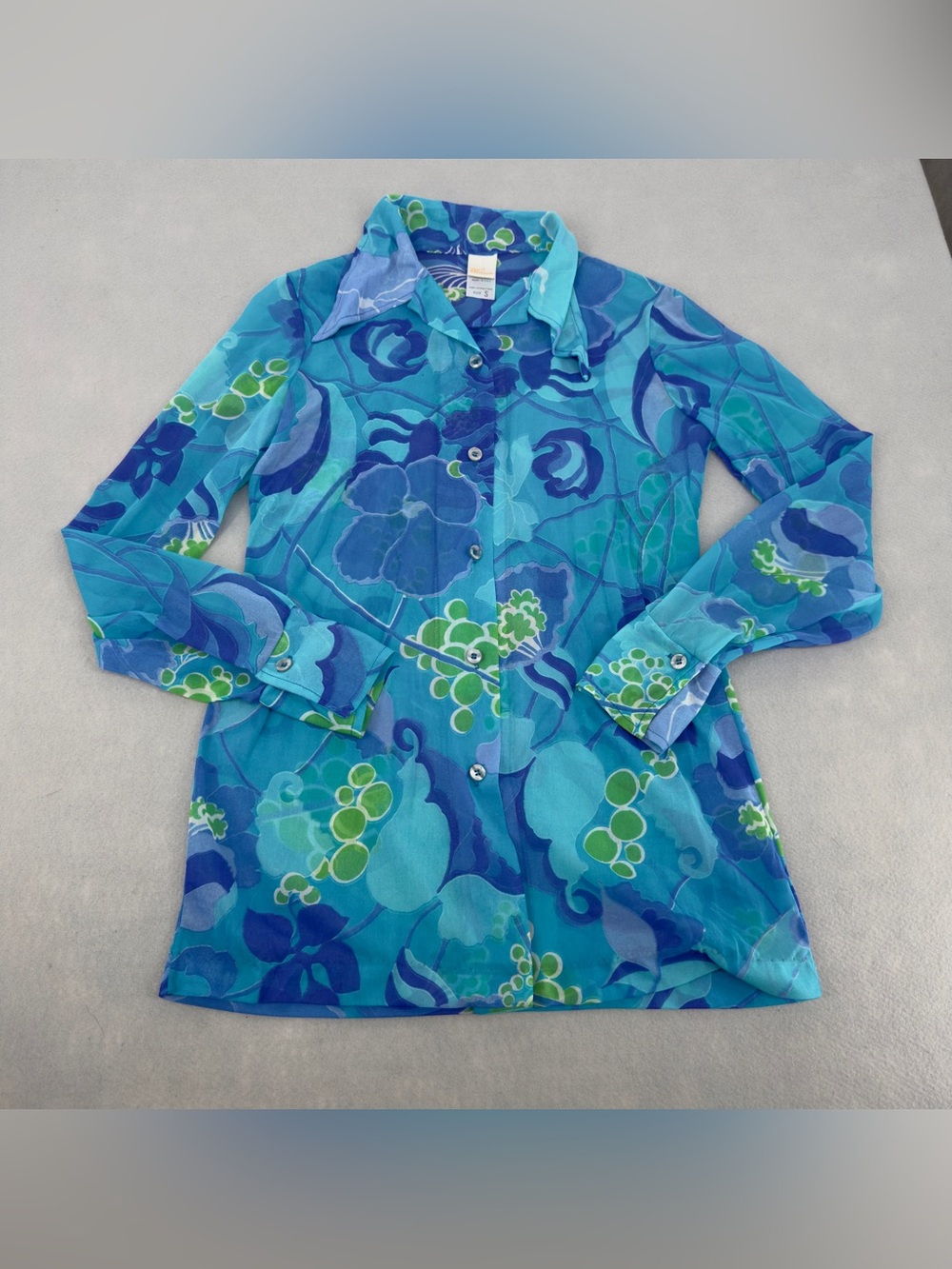 Jantzen Vintage 1970s Blue Floral Sheer Button Up Long Sleeve Top Small